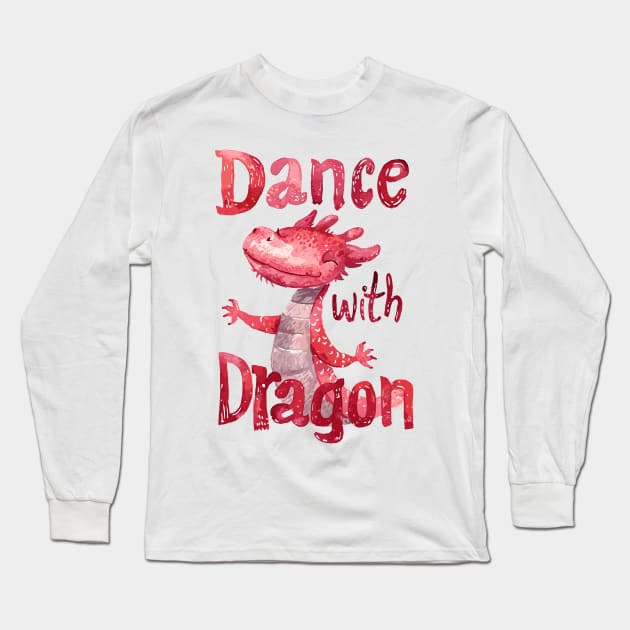 Chinese New Year Dance with Dragon: Pink Watercolor Cute Cartoon Long Sleeve T-Shirt by YUED